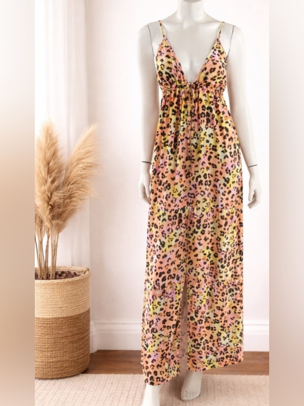 Bar III Pink and Yellow Leopard Print Maxi Coverup